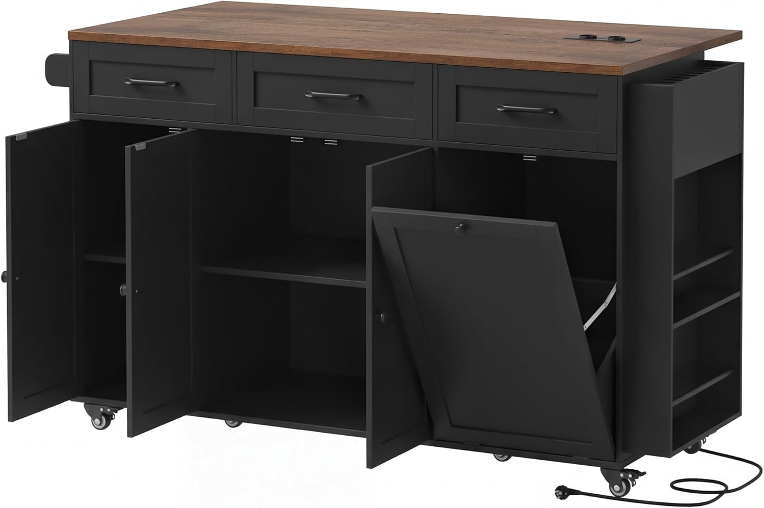 FirFurd - Ilot cuisine pliable sur roulettes, 135x60x88cm, USB et rangement