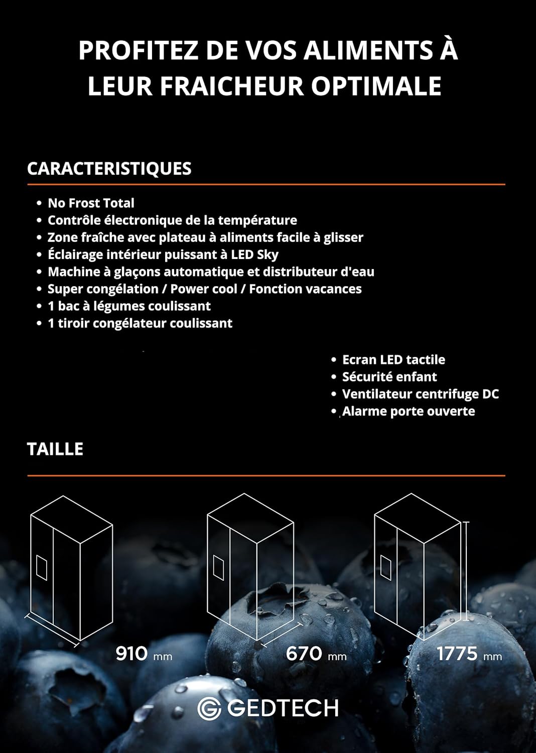 GEDTECH - Réfrigérateur side by side 513L, eau/glaçons, GSBSA513DX
