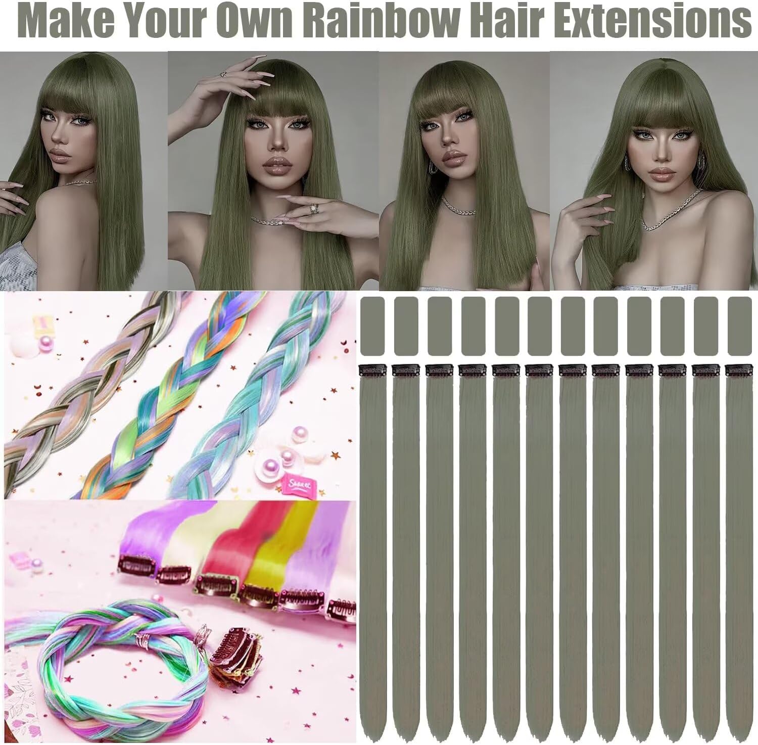 Extensions de cheveux - clip, 12 pièces, 55cm, gris cendré, naturel, fête