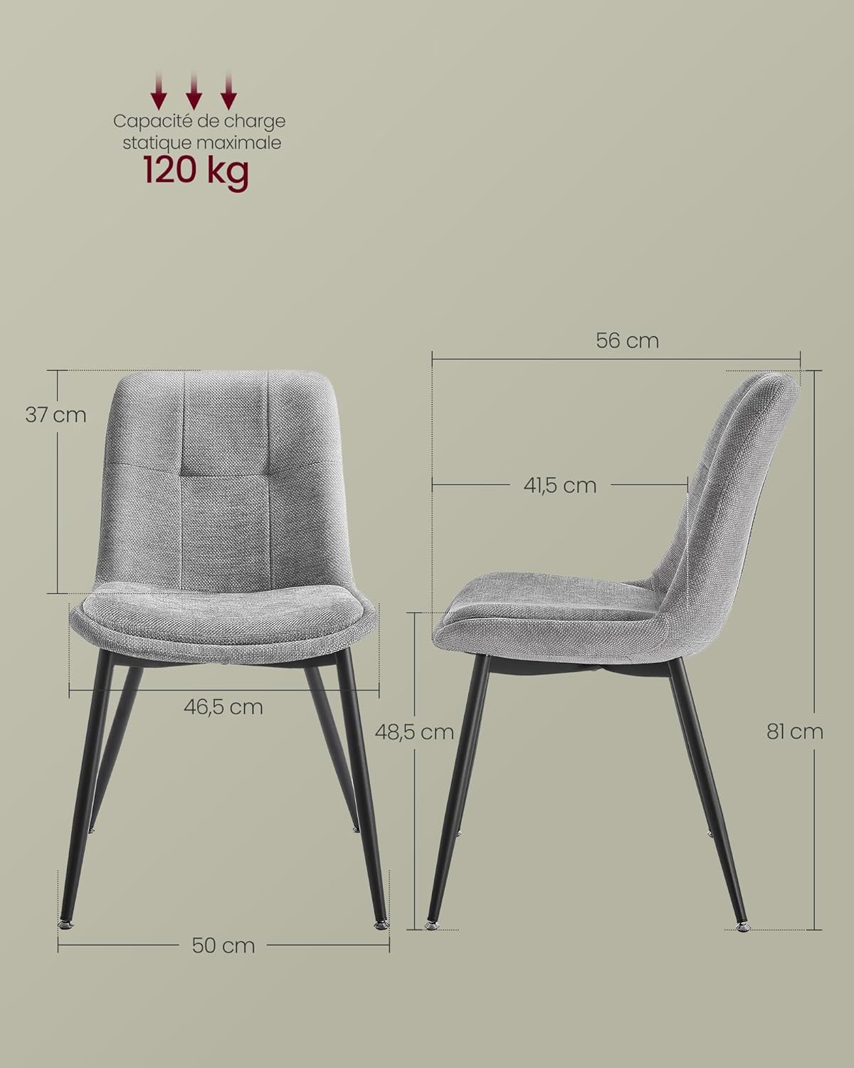 VASAGLE - Lot de 4 chaises salle à manger, pieds métal, double coussin, 120 kg,  KDC151G14