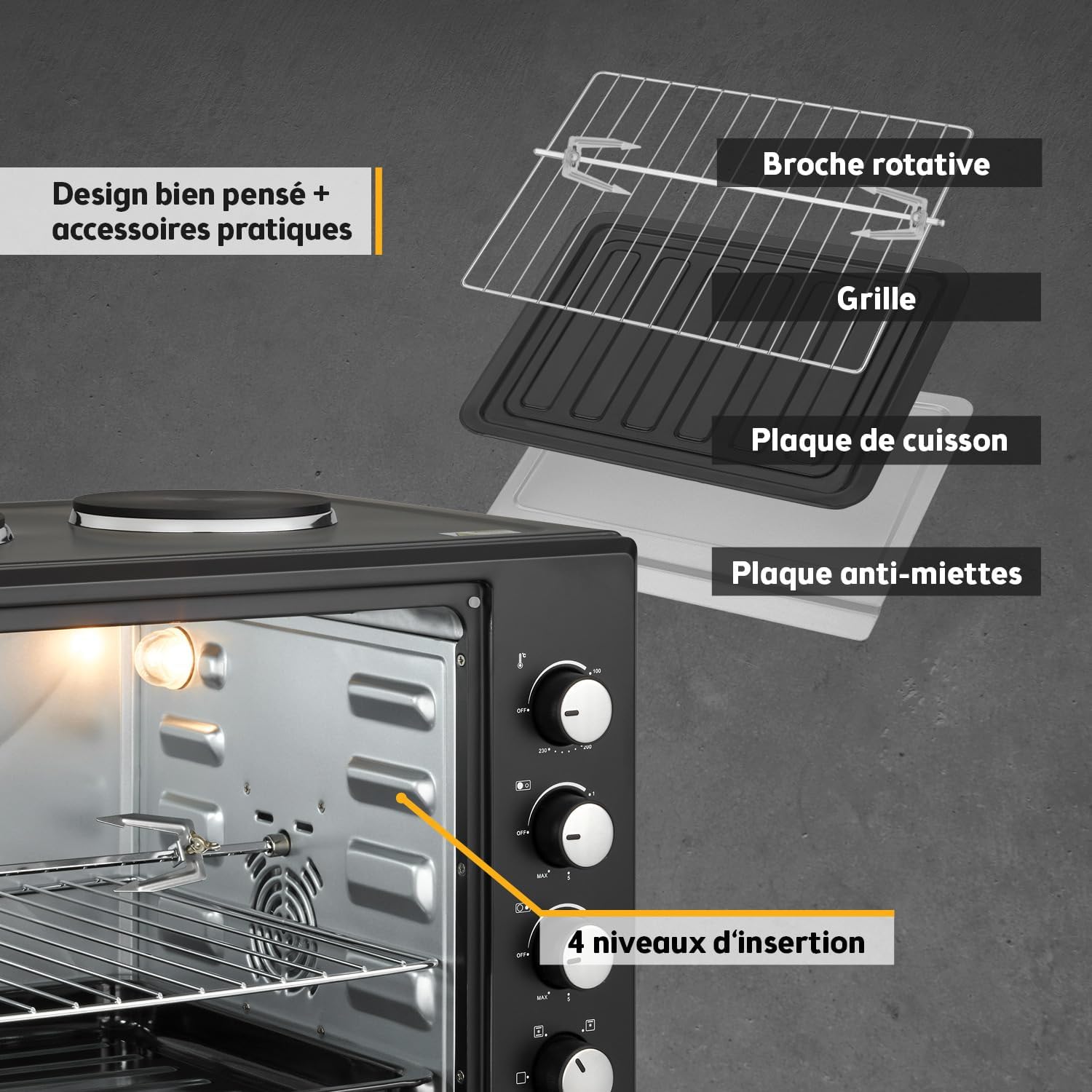 TZS First Austria - Mini-four 60L - 3200W, 230°C, 6 modes, 4 hauteurs
