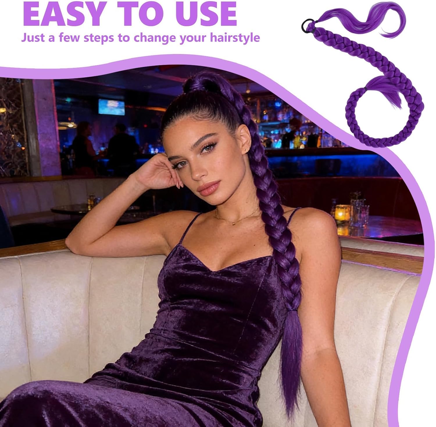 Extension cheveux - mèche violette 24 pouces, pré-étirée, pour tresses, déguisement