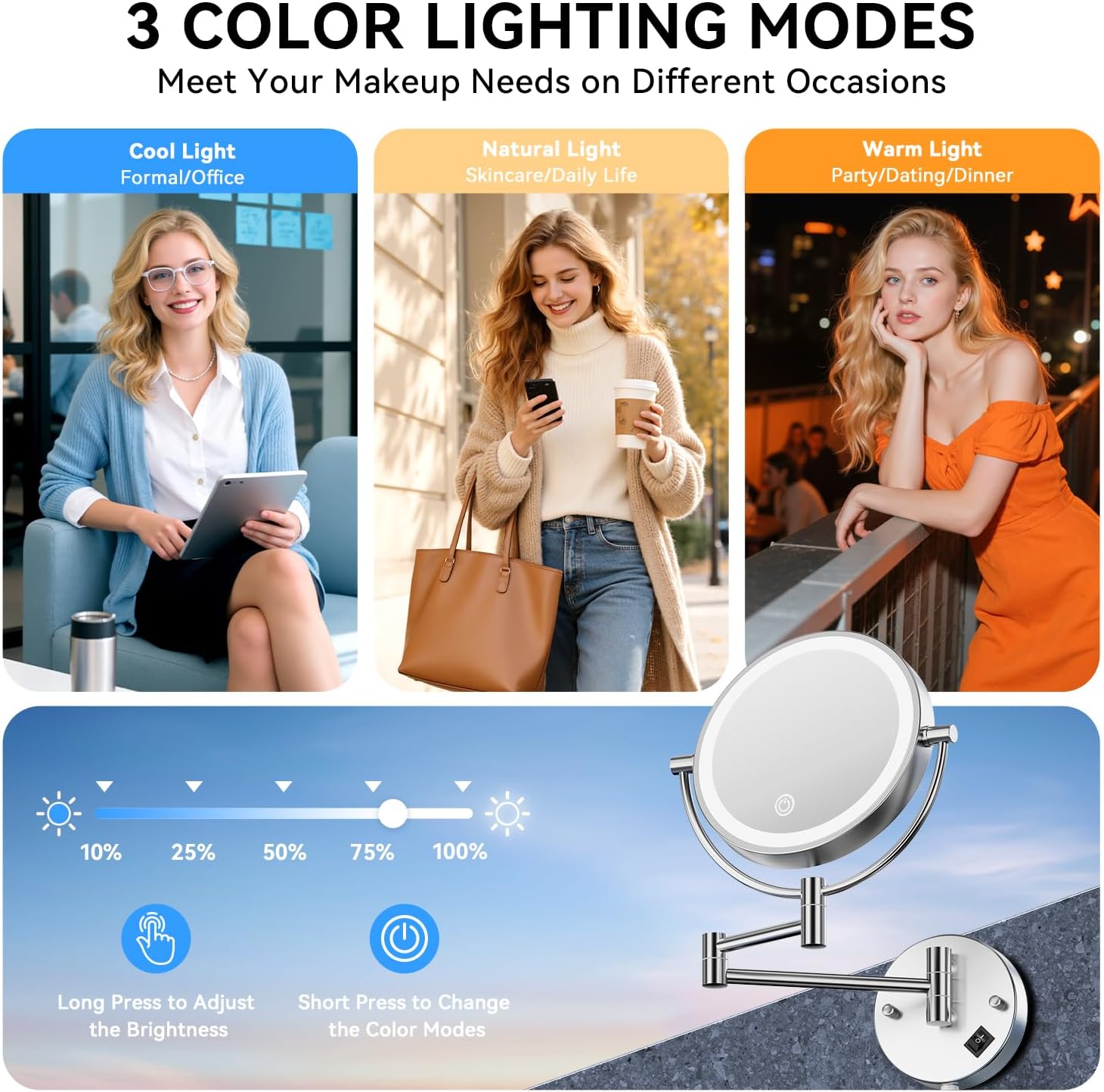 Auxmir - miroir mural série lumineuse - 8 pouces - 1X/30X grossissant, 3 couleurs, tactile, 360° pivotant, branchement E