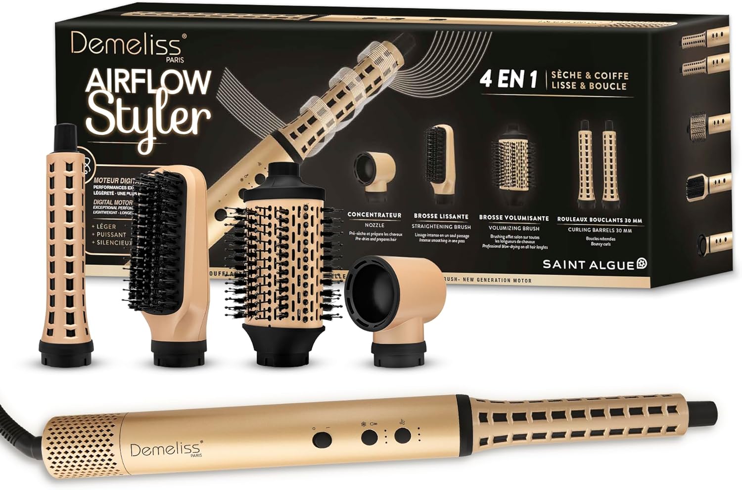 SAINT ALGUE - Demeliss Airflow Styler - Brosse 4en1, 3 températures, compacte, légère, tous cheveux