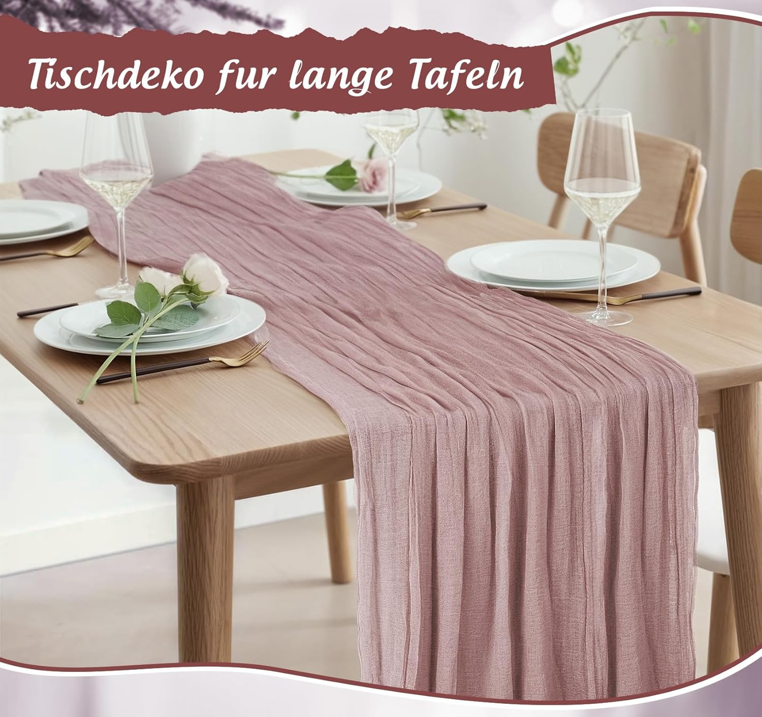 Chemin de table - étamine, 80x300cm, rose pâle, style bohème, synthétique