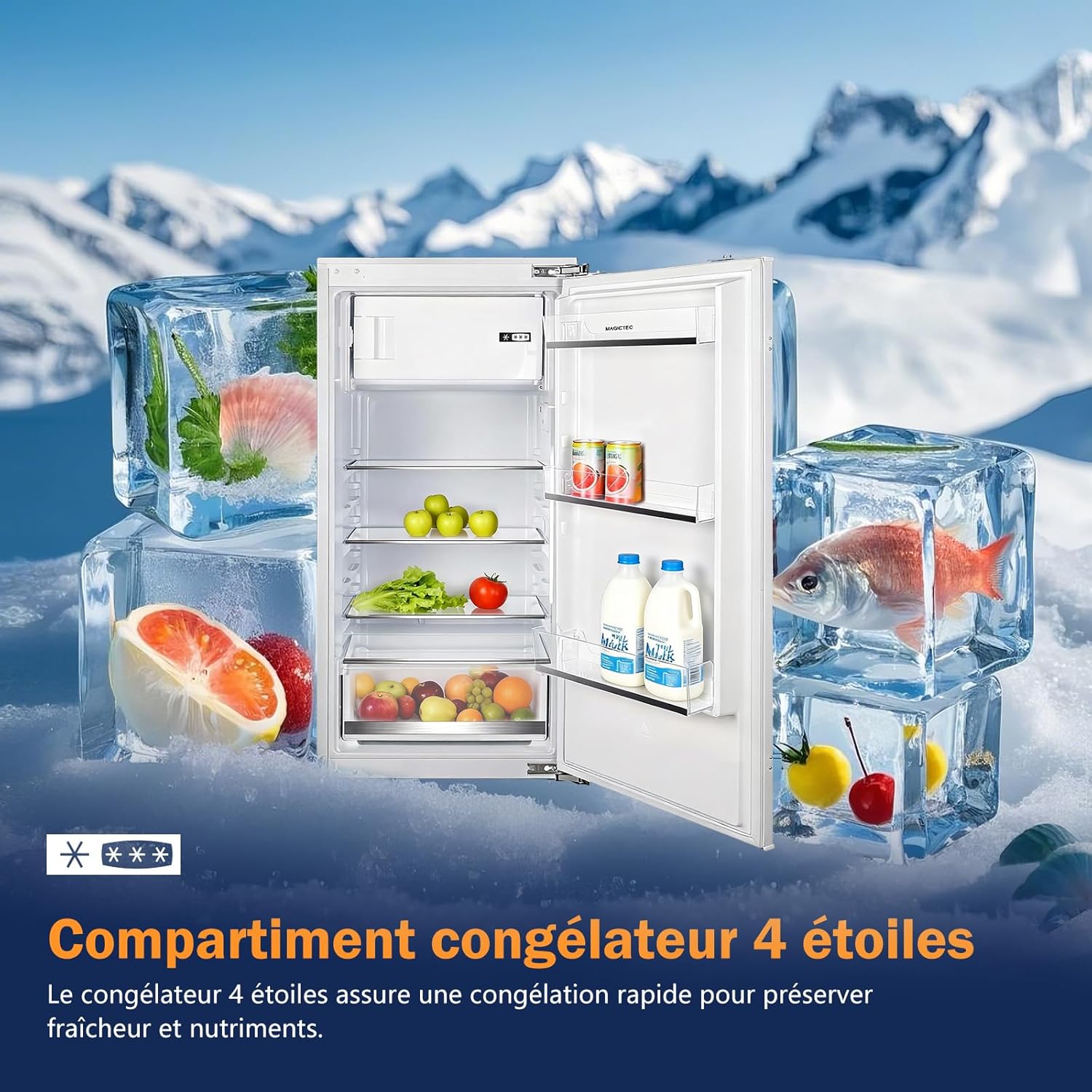 magictec - Réfrigérateur encastrable 188L, niche 122cm, congélateur, poignées interchangeables