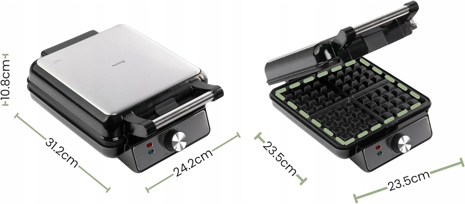 Gaufrier électrique - 4 gaufres belges, 1500W, plaques antiadhésives, température réglable, poignée Cool Touch