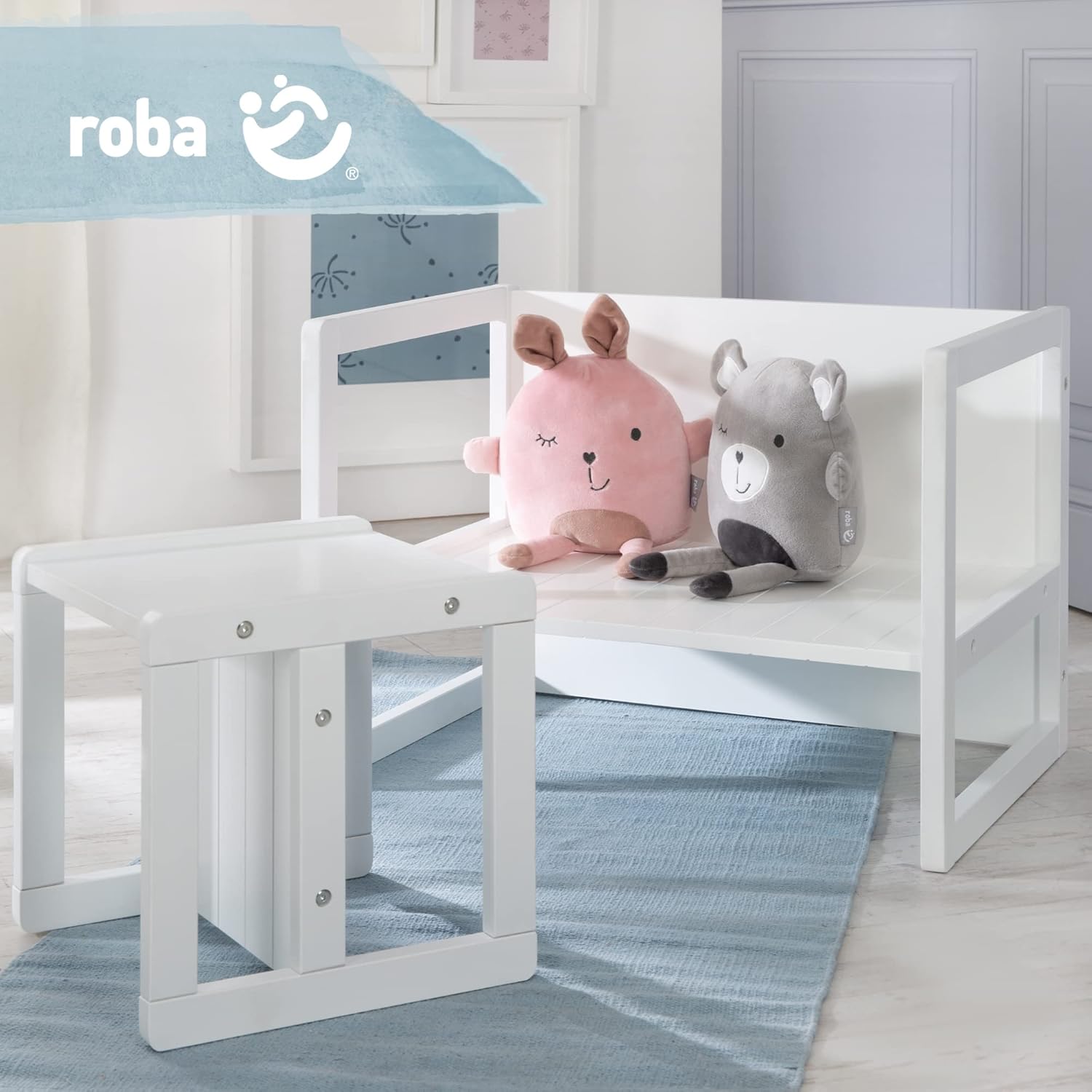 roba - Ensemble table enfant 3 hauteurs réversible, blanc, style campagne