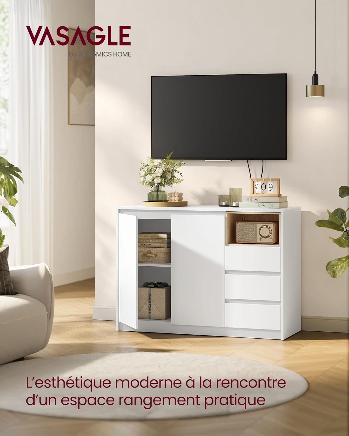 VASAGLE - Kailyn - 103,3x40x74,5 cm - buffet 3 tiroirs, étagère réglable BBK273W21V1