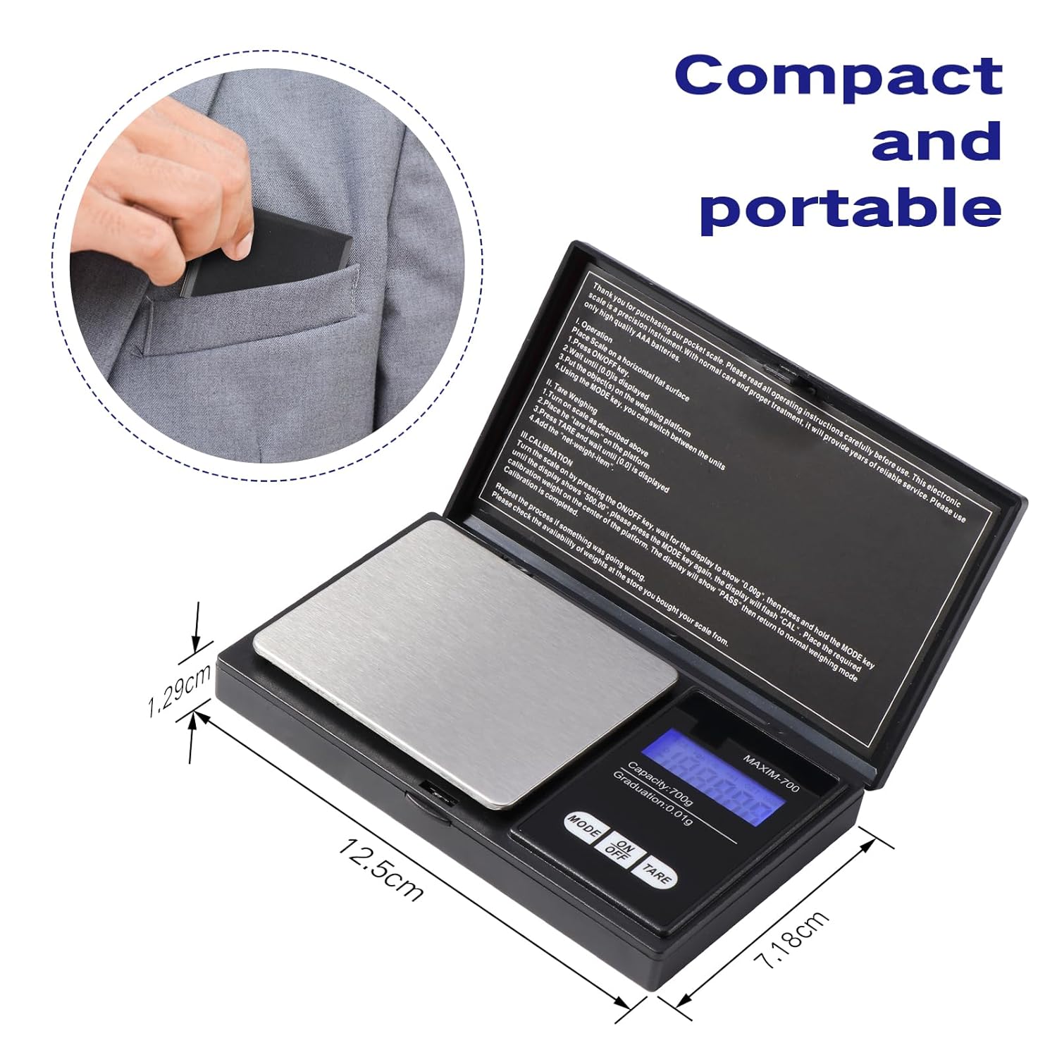 Vinabo - Balance précision 700g/0,01g - tare, multifonction, cuisine, bijoux, noire