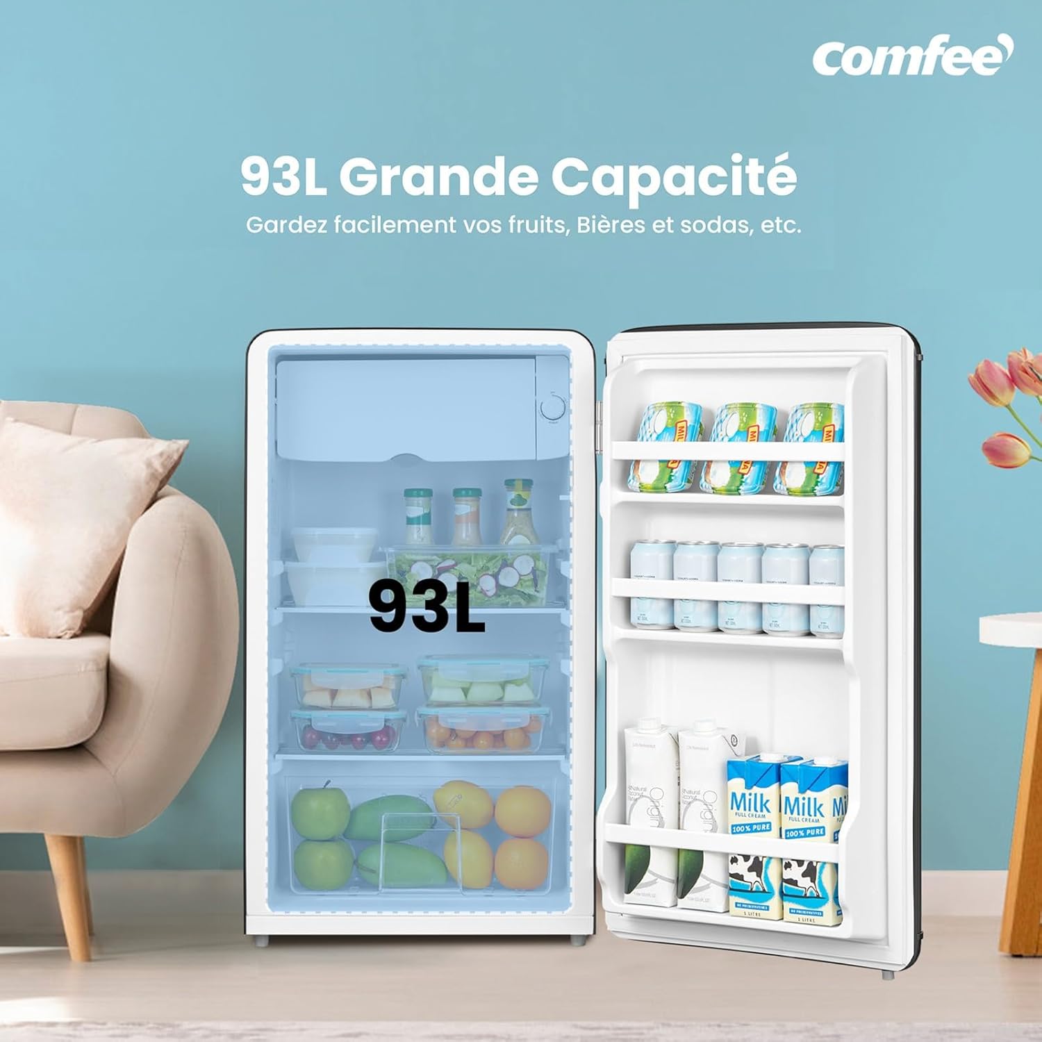 Comfee' - Réfrigérateur rétro 93L, sous-plan, LED, Noir, RCD93BL2EURT(E)