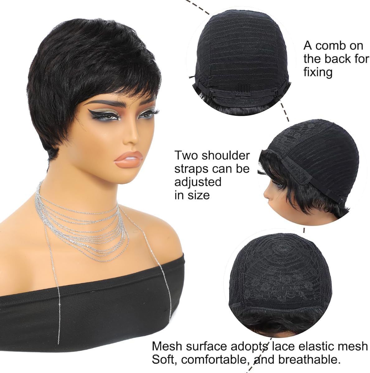 Perruque Pixie - cheveux naturels courts, coupe droite, sans colle, frange, couleur 1B