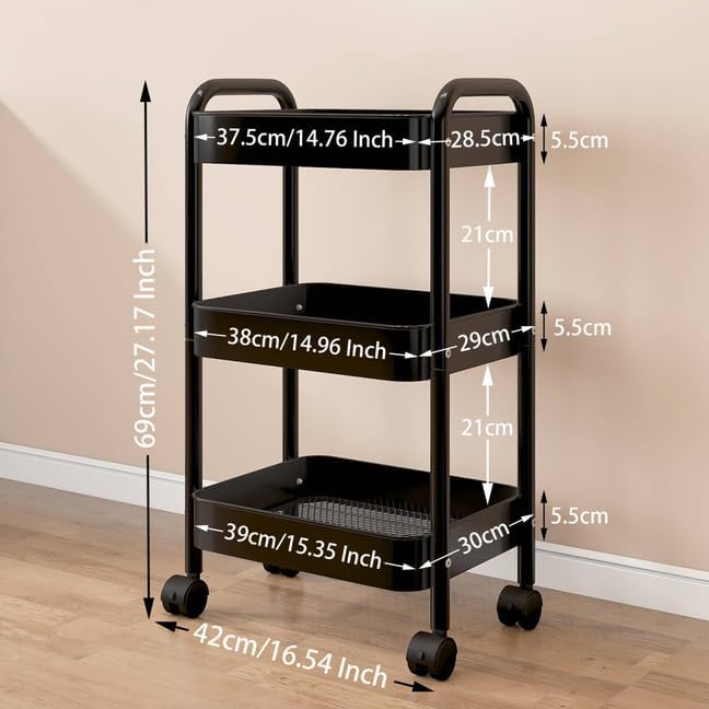 Chariot de rangement - 3 niveaux, métal, crochets, tasses inclus, cuisine/bureau - 60x40x30cm