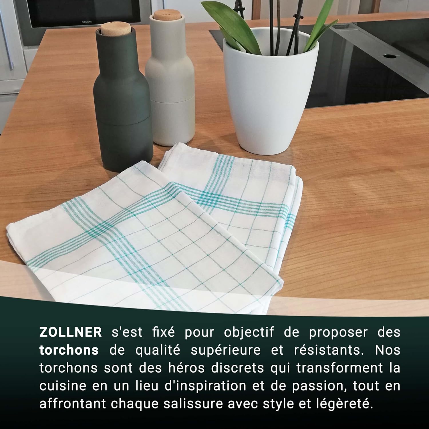 ZOLLNER - Set de 10 torchons, coton, 50x70 cm, turquoise à carreaux