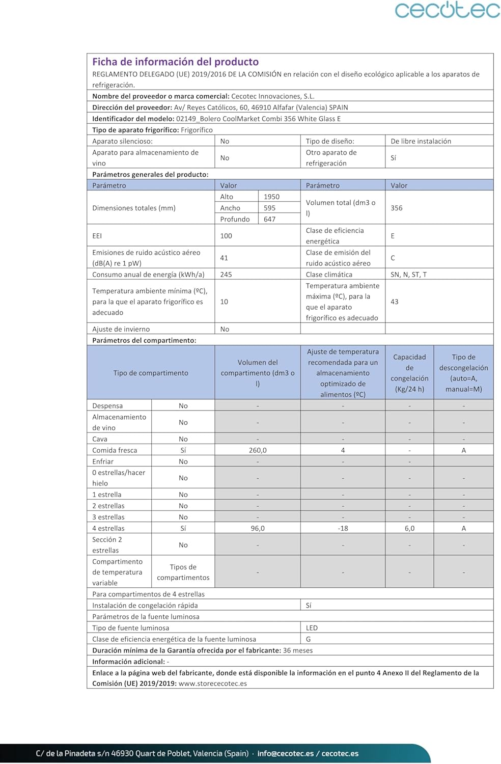 Cecotec - Bolero CoolMarket Combi 356 - 356L - No Frost, Multi Airflow, porte réversible