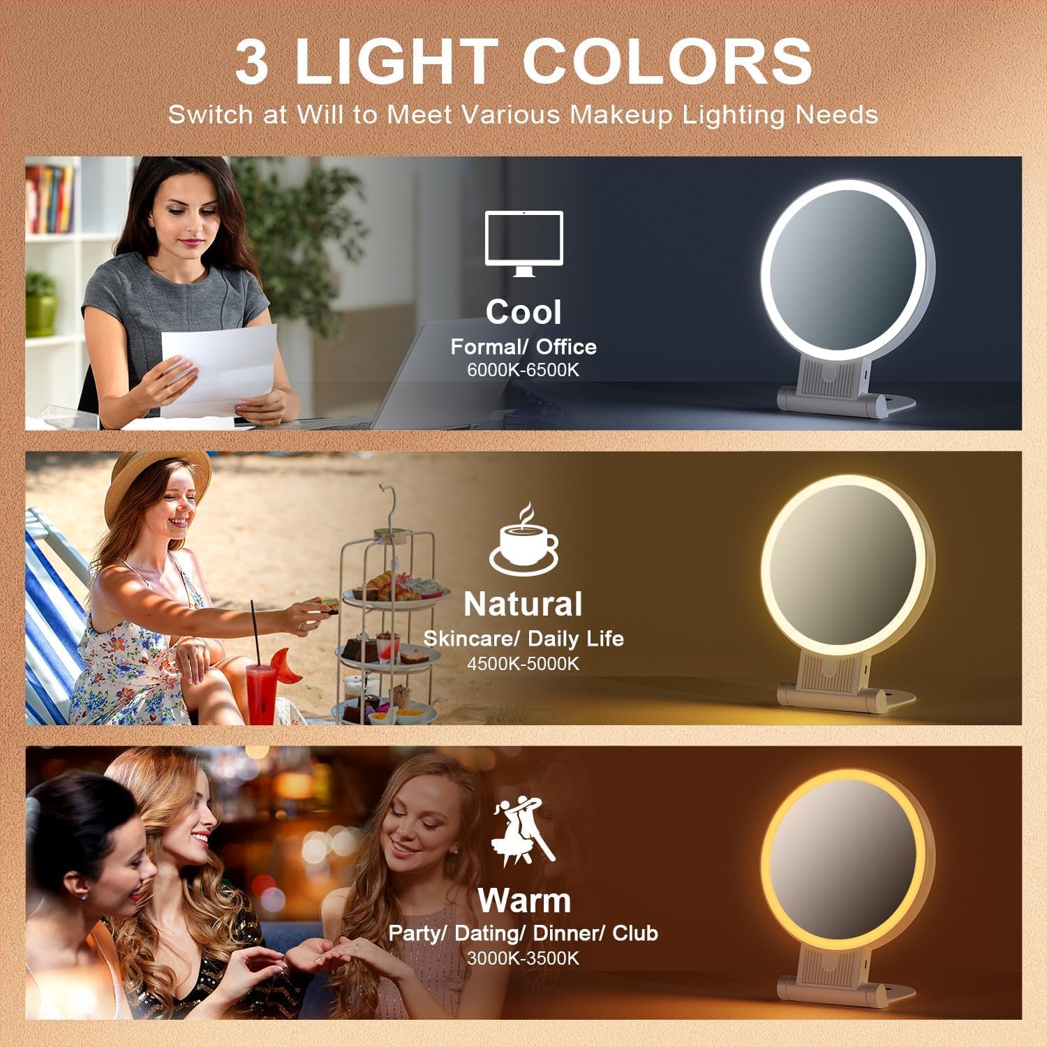 Auxmir - miroir maquillage double face 30X/1X, LED, rechargeable, pliable