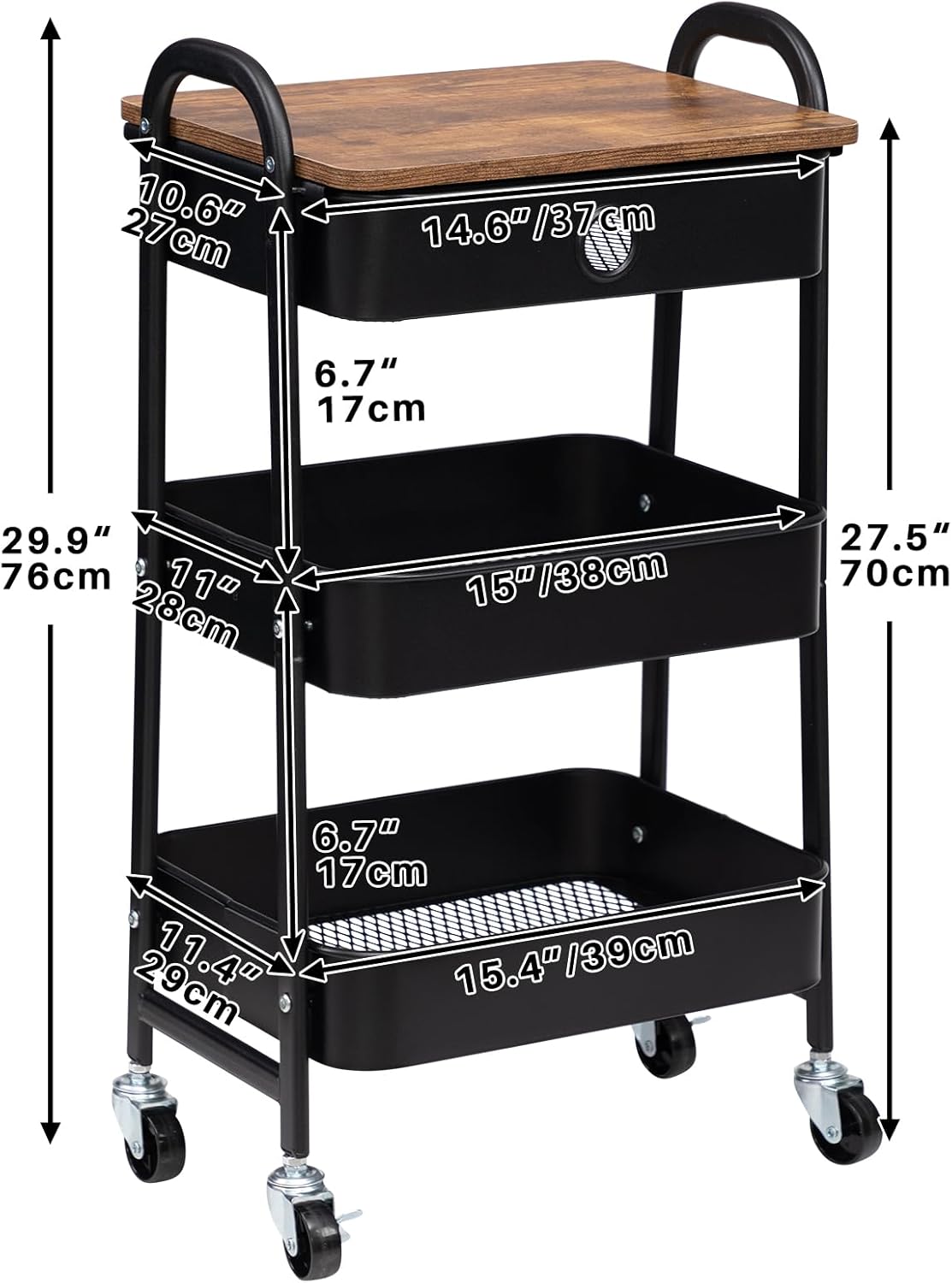 DOEWORKS - chariot 3 niveaux, métal, tiroir, noir, rangement mobile