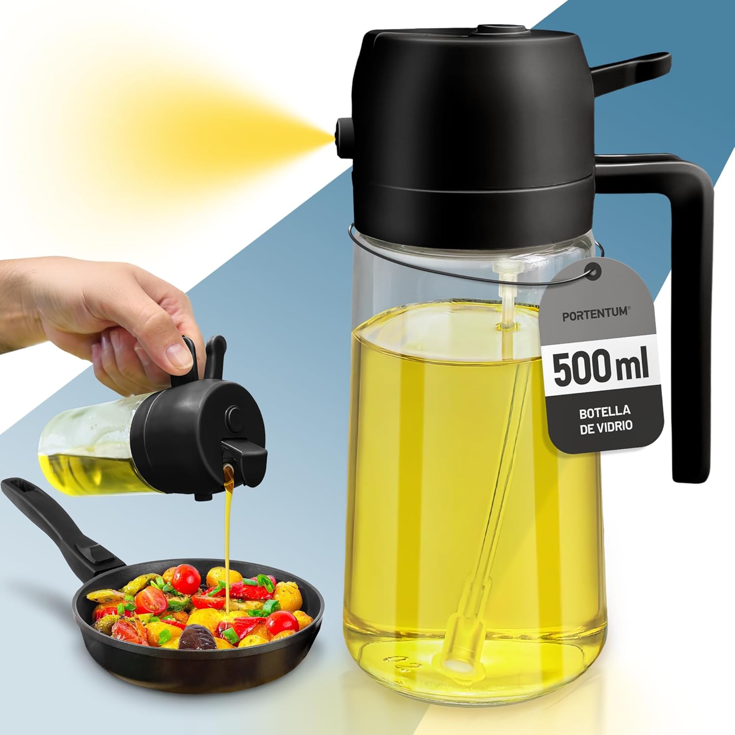 PORTENTUM - Spray huile cuisine 500ml - verre alimentaire, anti-lumière, pulvérisateur 2en1