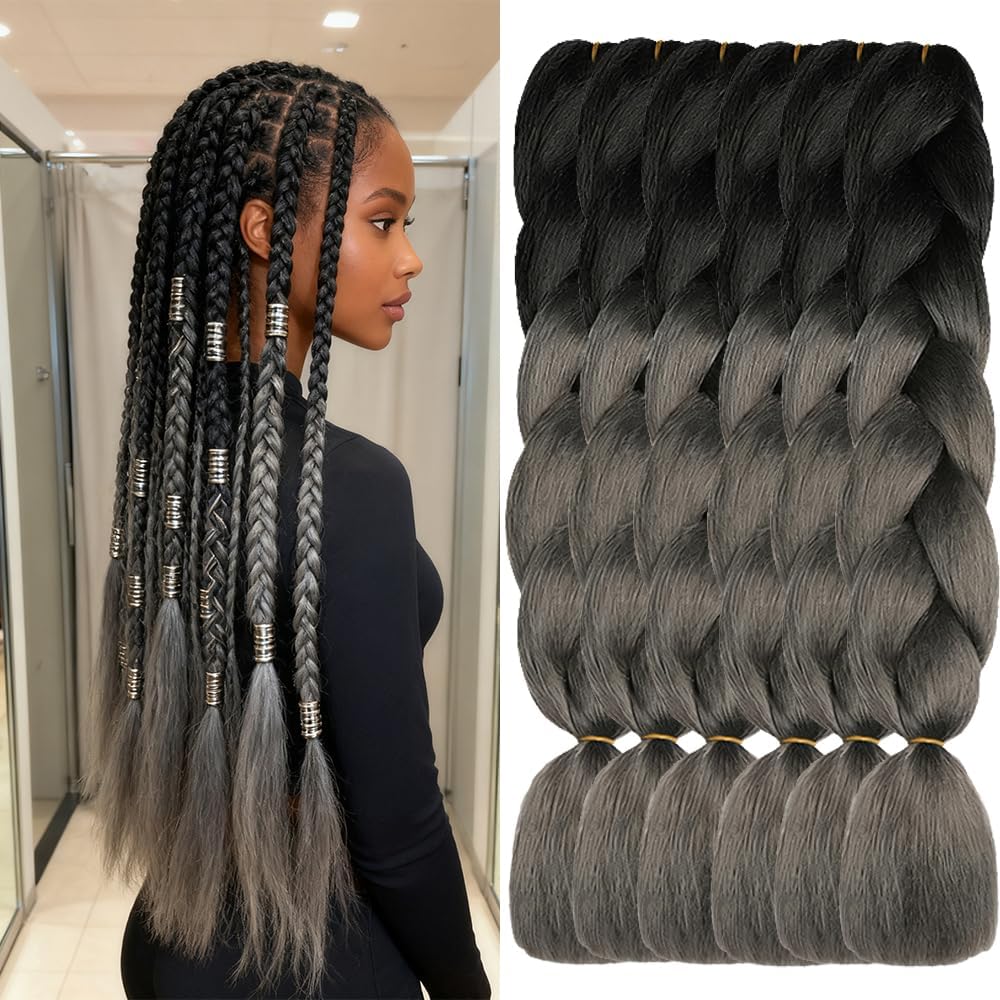 ShowJarlly - Ombre Tresse Jumbo 24'' 500g - Synthétique, Noir/Gris Foncé
