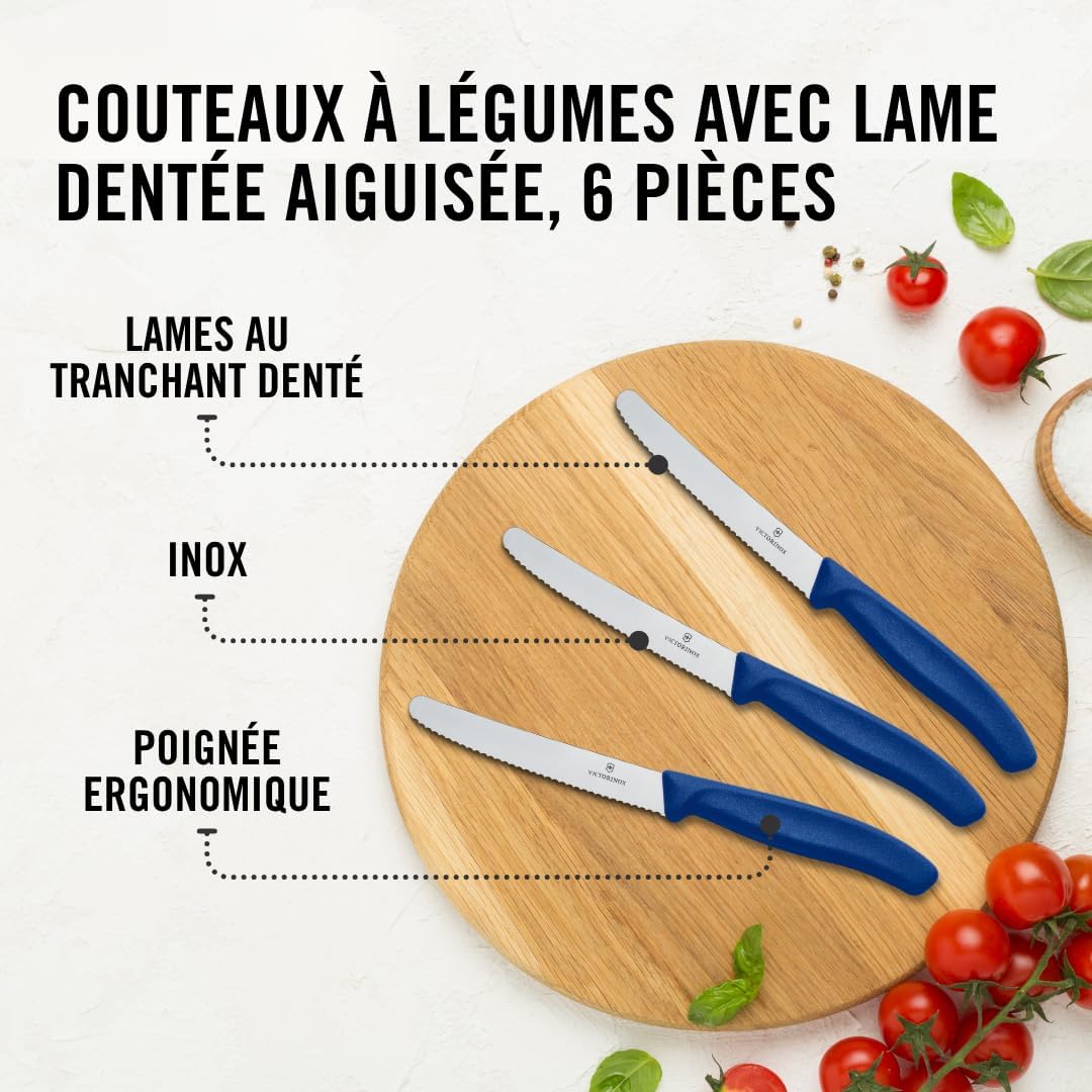 Victorinox Swiss Classic - couteau petit-déjeuner 11cm - lame dentelée - set 6 pièces - manche plastique bleu