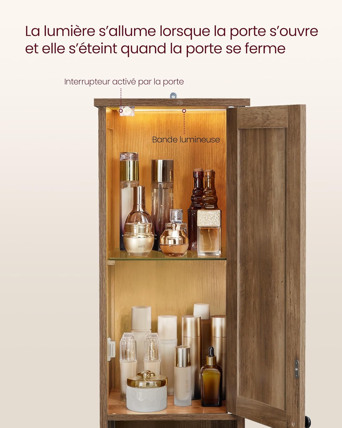 VASAGLE - armoire de salle de bain haute - 30 cm - étagères réglables, éclairage, marron miel - BBK566KB01