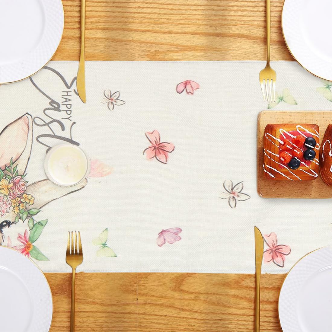 Chemin de Table - motif lapin printemps - 33x180 cm - lavable, déco cuisine salon