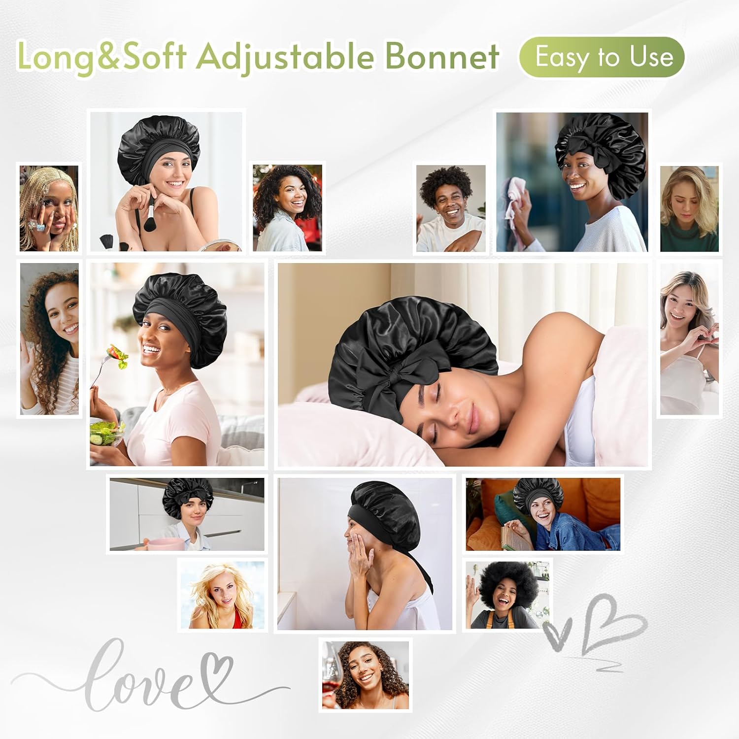 BONNET QUEEN - Bonnet satin - Moyen - Ajustable, long élastique, noir