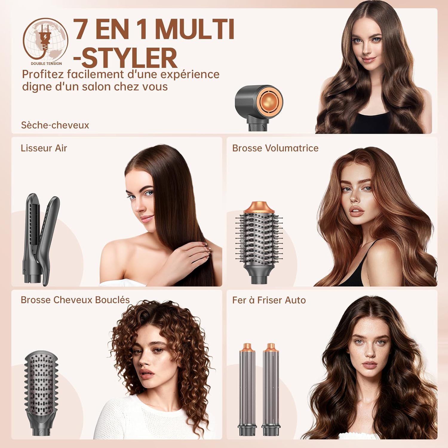 Airstyler multifonction 7 en 1 - sèche-cheveux/boucleur/lisseur - coiffage polyvalent
