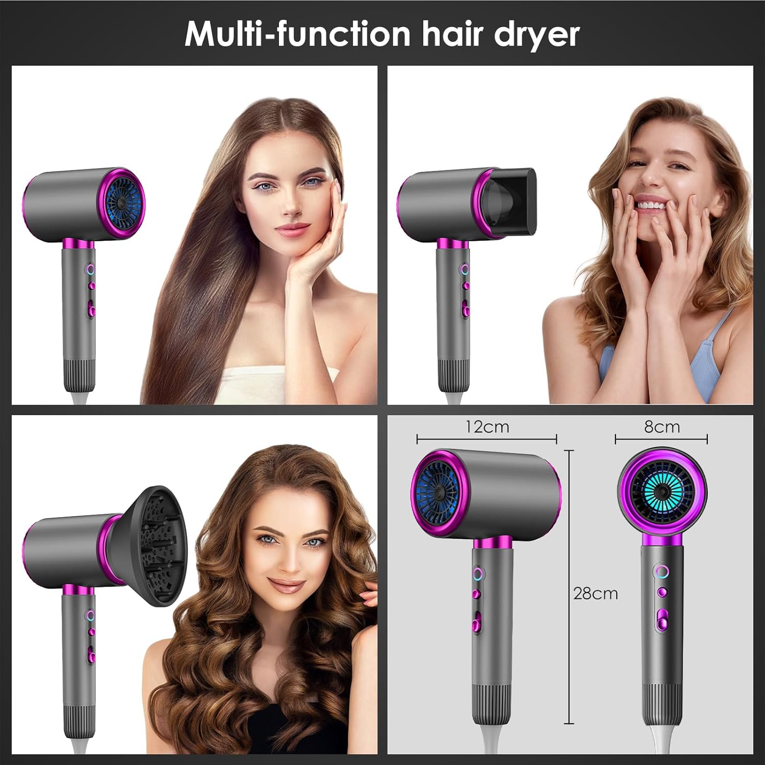 Sèche-Cheveux - 2400W, ionique, 3 températures, diffuseur, buses