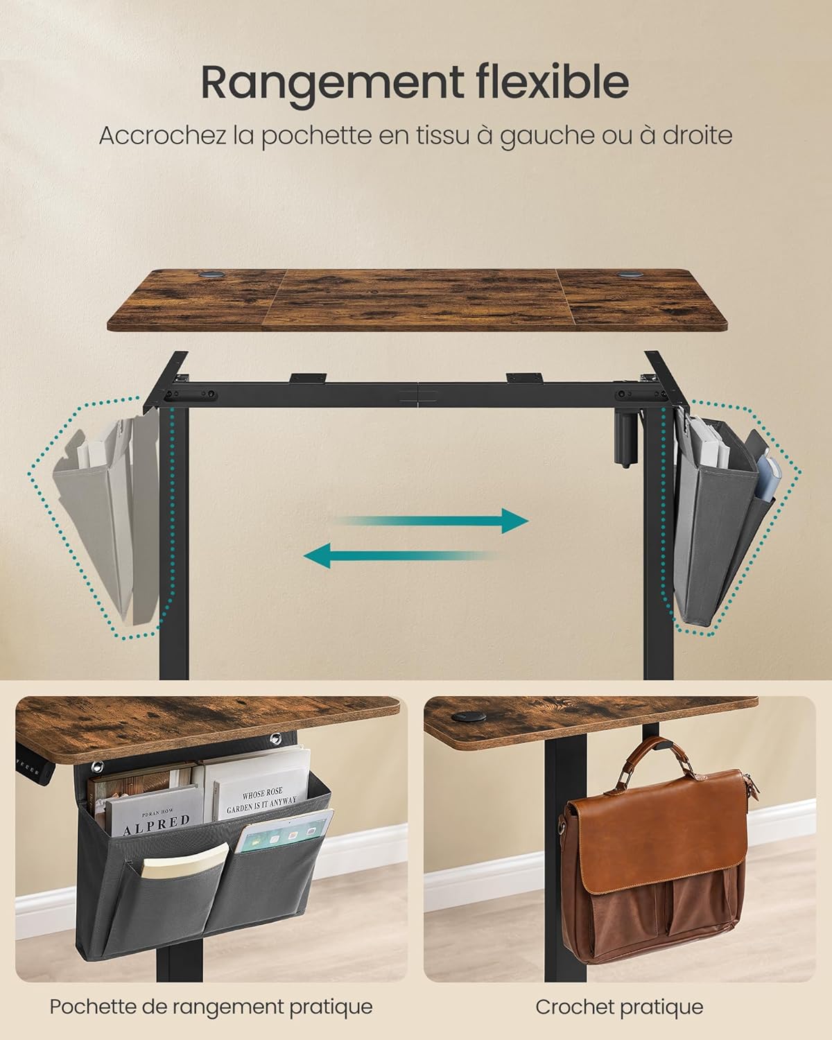 SONGMICS - bureau électrique réglable - 120x60 cm - 4 mémoires, assis-debout, marron rustique LSD132K01