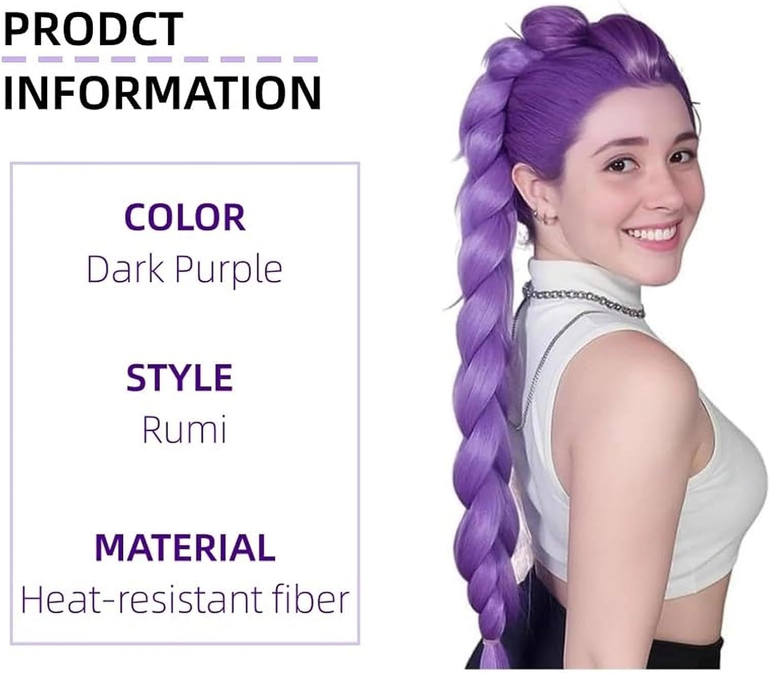 Perruque cosplay femme - perruque violette tressée - taille unique - déguisement K-pop, Halloween, Carnaval, cadeau fans