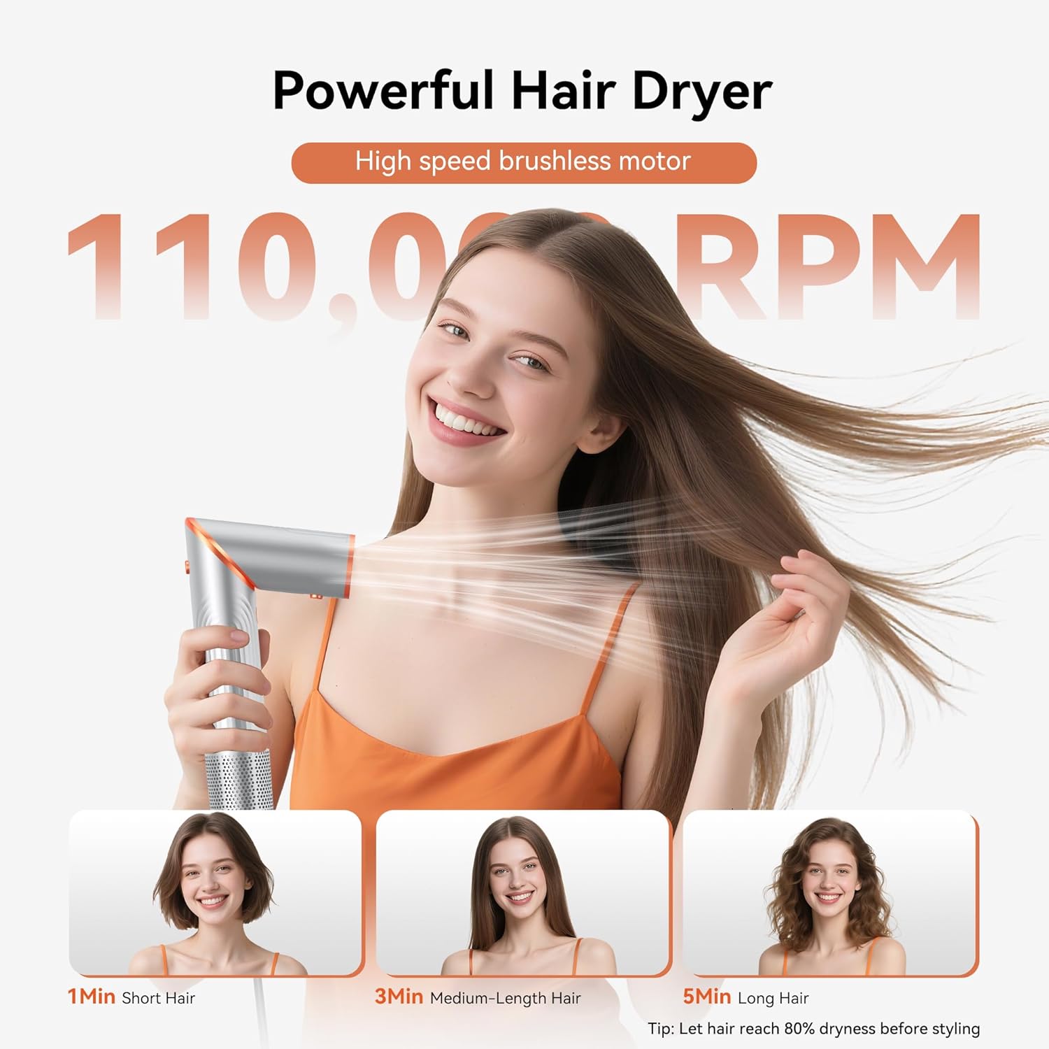 Air Brush 5 en 1 - Brosse coiffante pliante, 110000 tr/min, séchage, lissage, bouclage, argent