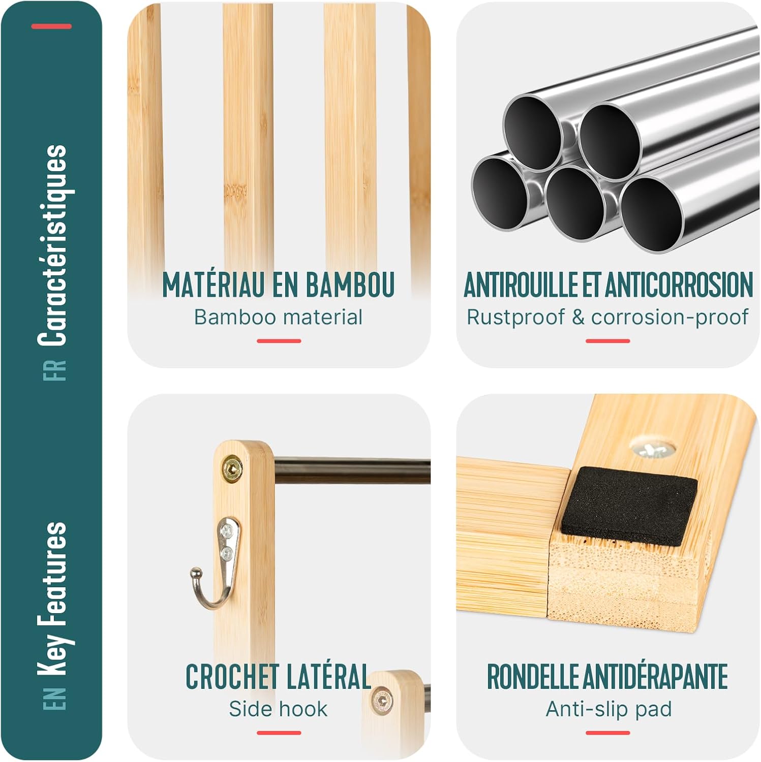 VOUNOT - Porte-serviettes 4 niveaux bambou - autoportant, crochets, bain