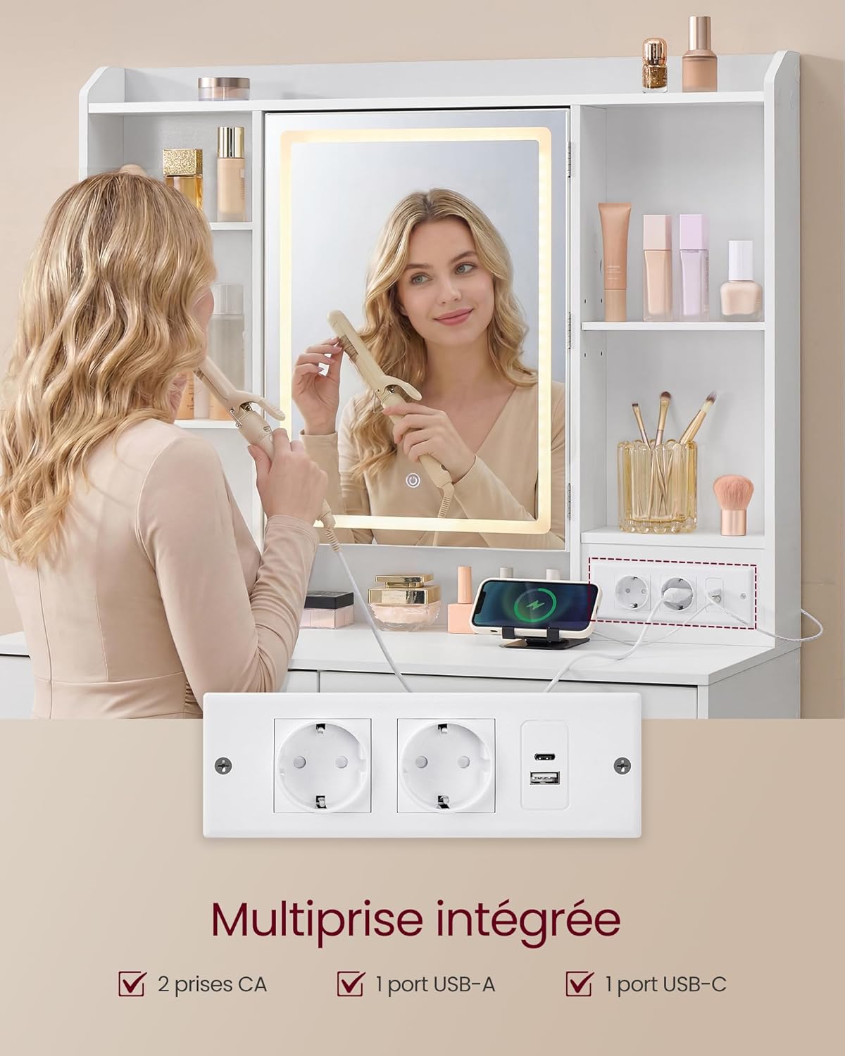 VASAGLE - coiffeuse Kailyn, blanche, miroir LED, 2 tiroirs, RDT143WB01