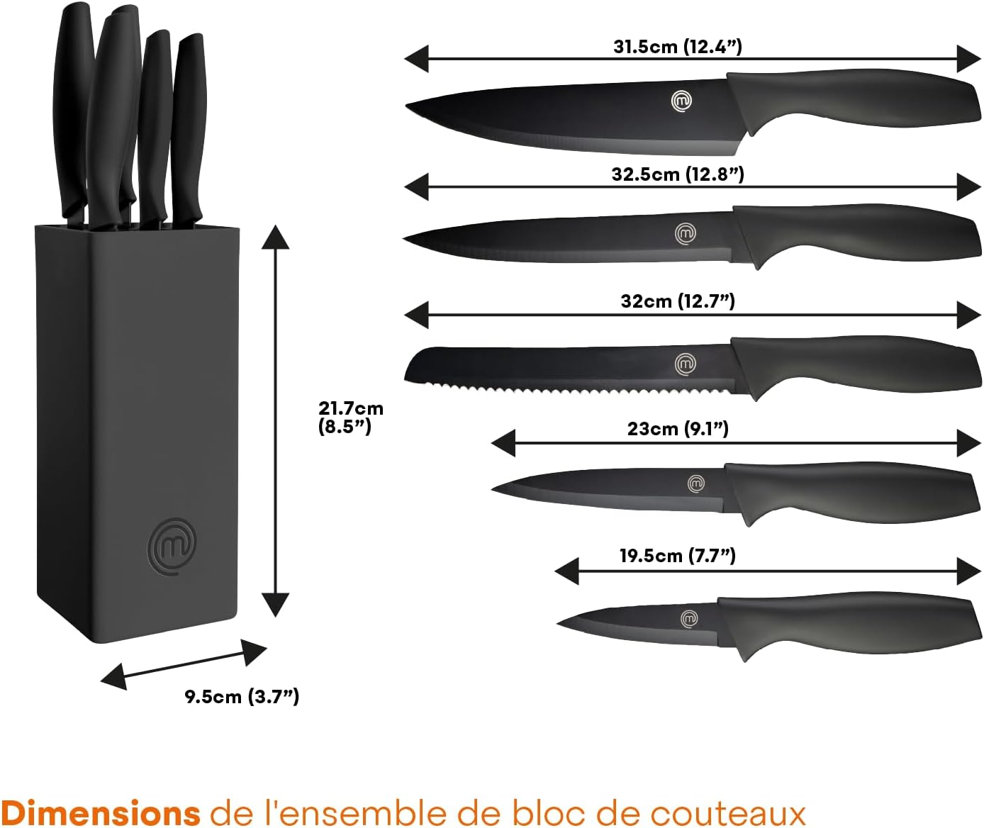 MasterChef - Bloc couteaux cuisine - inox, lame chef, manche ergonomique