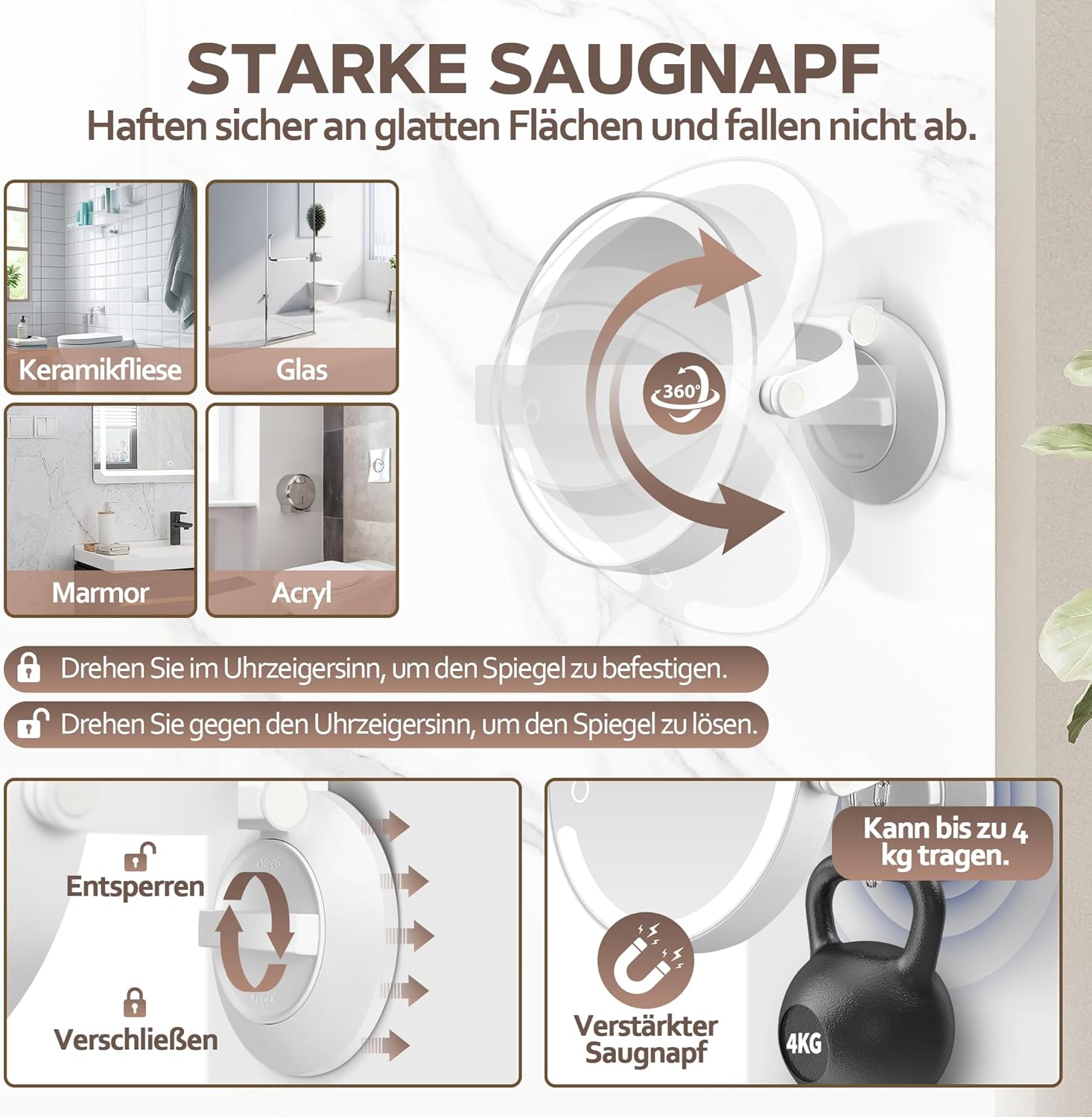 Miroir grossissant double face, ventouse, éclairage 3 modes, 30 compartiments