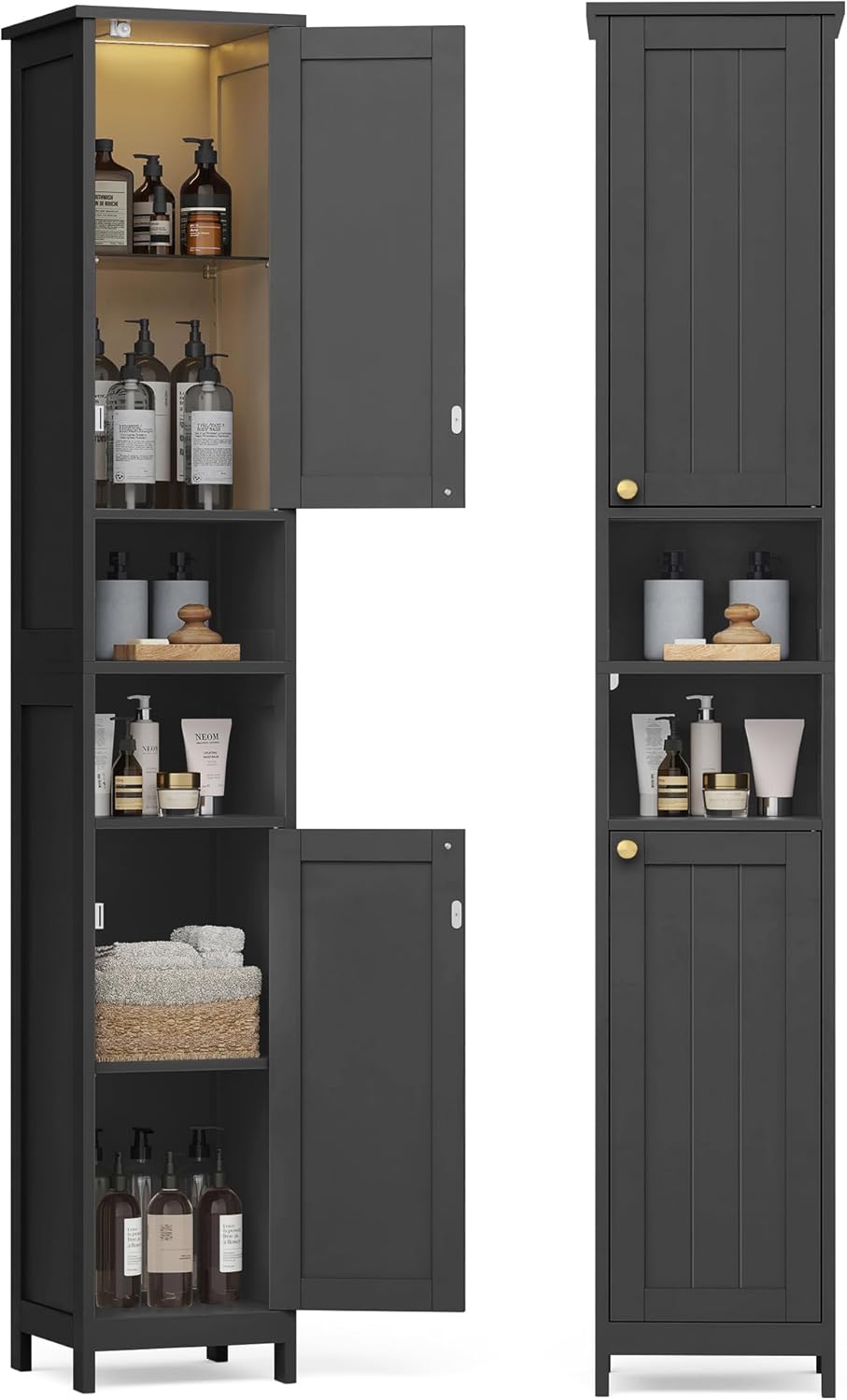 VASAGLE - armoire salle de bain haute, 30 cm, étagères réglables, éclairage, noire, BBK566BC01