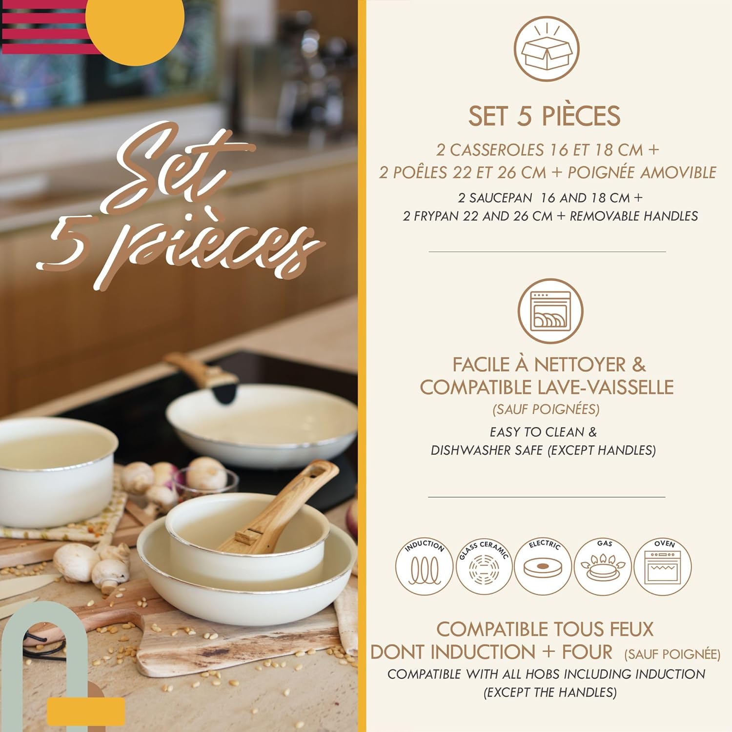 MENASTYL - Colorama - 2 poêles, 2 casseroles, poignée amovible - céramique induction