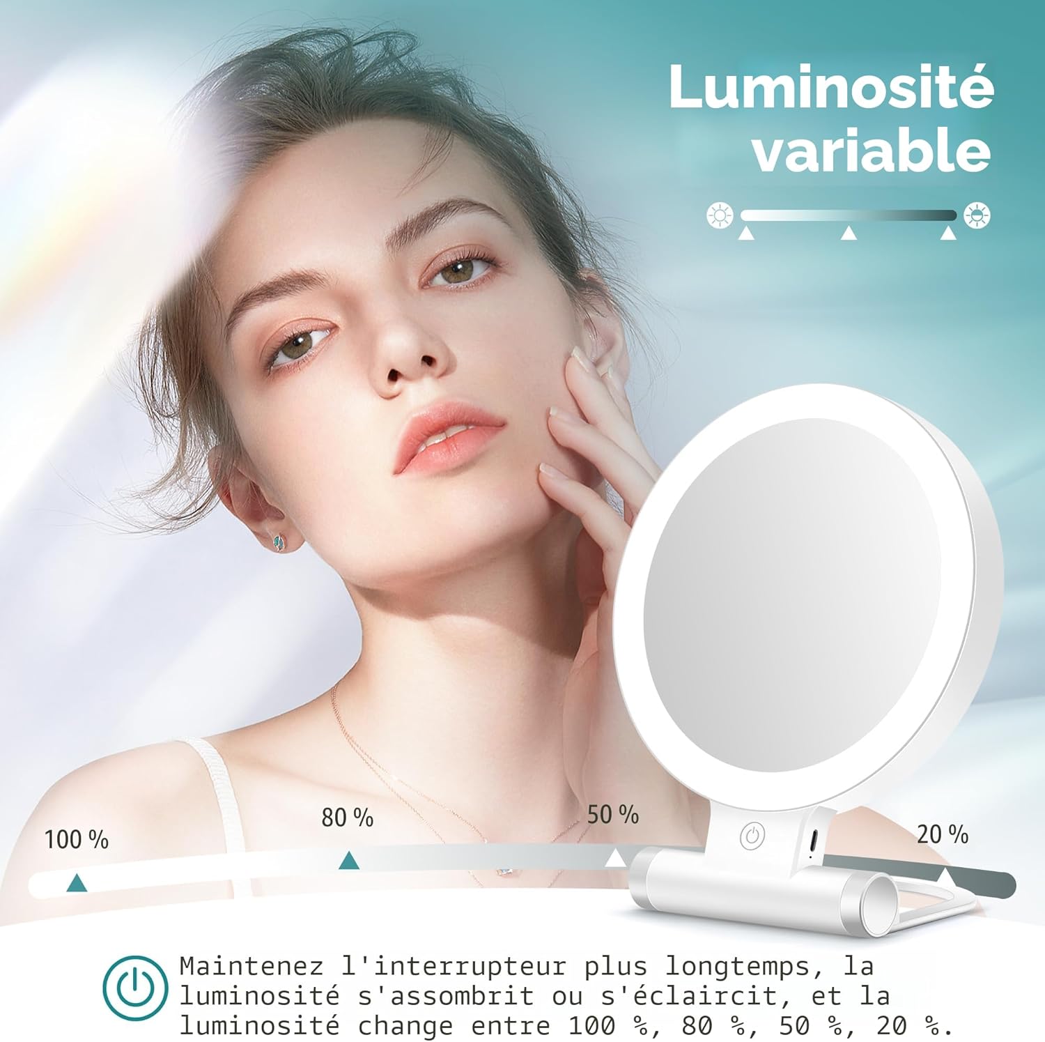 B Beauty Planet - miroir double face, 1X/30X, LED, pliable, 2000mAh