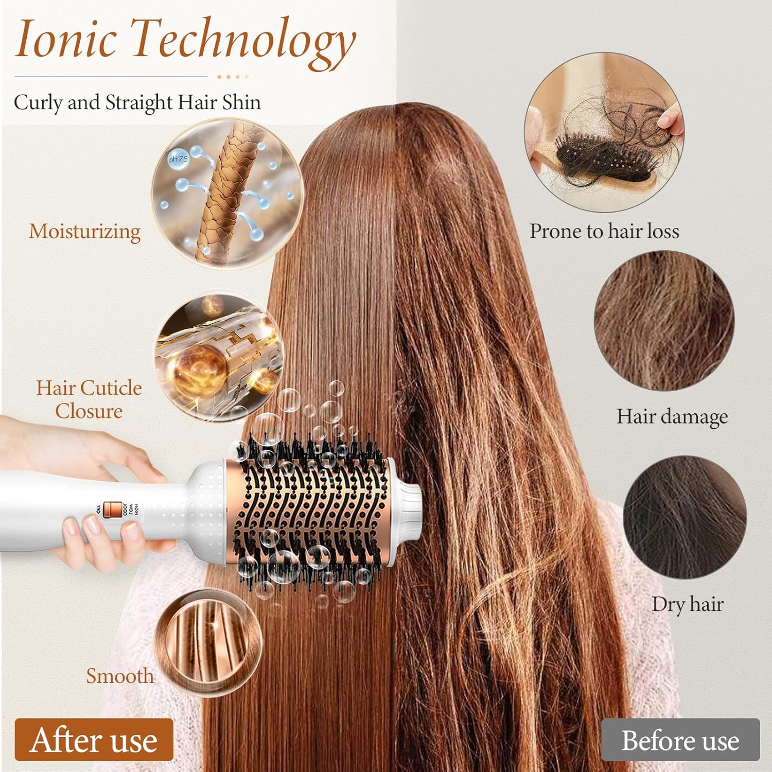 Brosse à boucler - 3 en 1, soin ionique, 3 températures, séchage volumisant