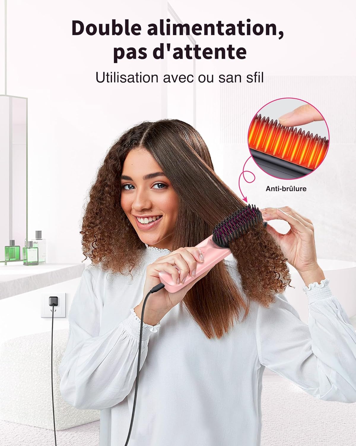 Bopcal - Brosse Lissante Sans Fil 3-en-1, 30s Chauffage, Powerbank, 10000mAh