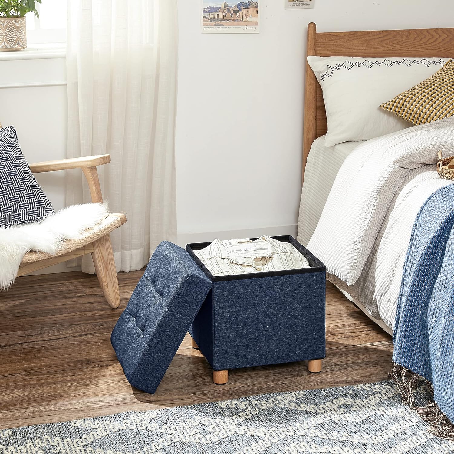 SONGMICS - petit pouf pliable - 38x38x40 cm - rangement robuste, bleu, LSF14IN