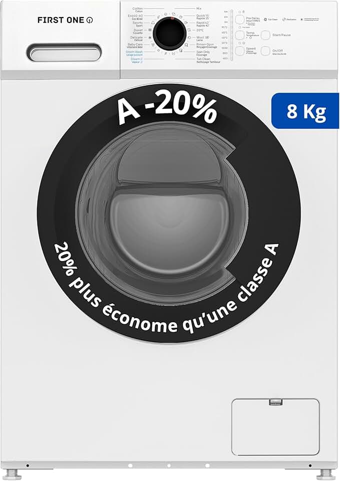 First One - Lave-linge frontal 8kg 1400trs 16 programmes économie FLL81400WH