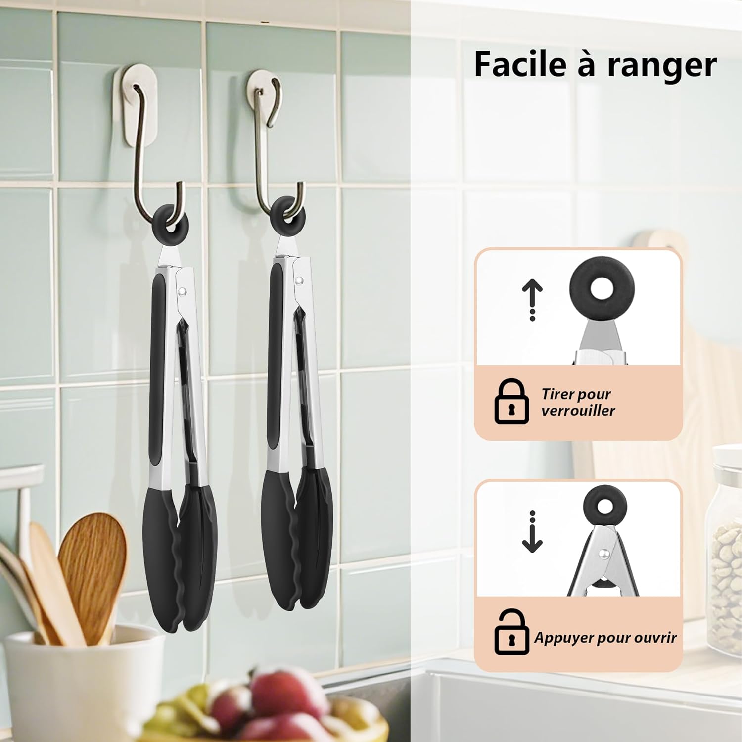 Pinces de cuisine inox/silicone, lot de 2, poignées antidérapantes, 26cm, résistant chaleur