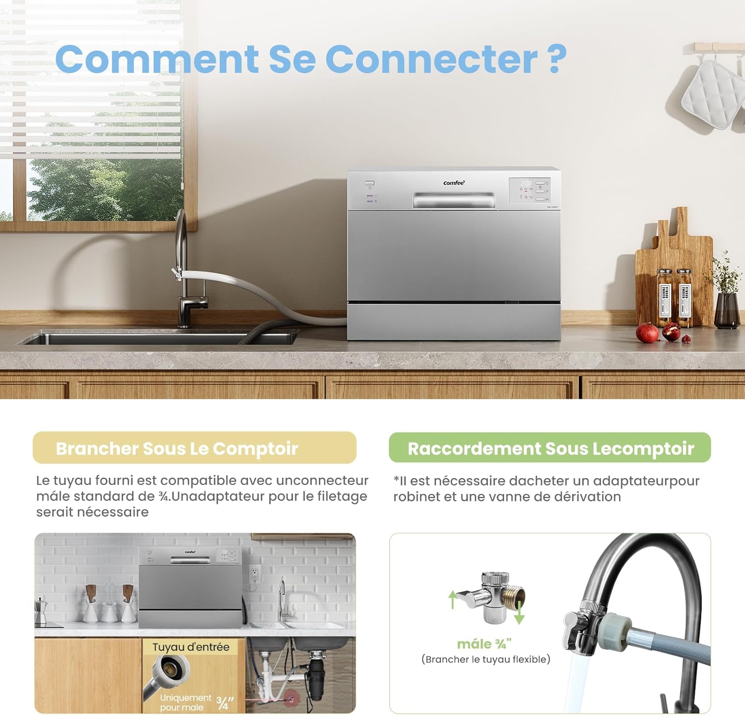 COMFEE - lave-vaisselle compact 6 couverts, LED, 47 dB, démarrage différé, CDWMT0602ESD-EU