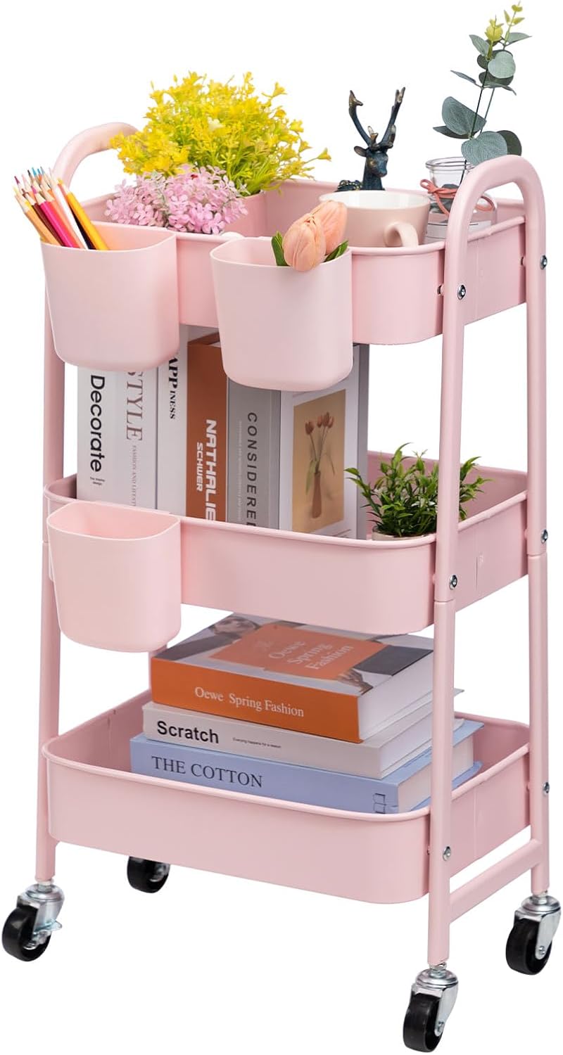 DOEWORKS - Chariot 3 niveaux métal, roulettes, cuisine/bureau, rose