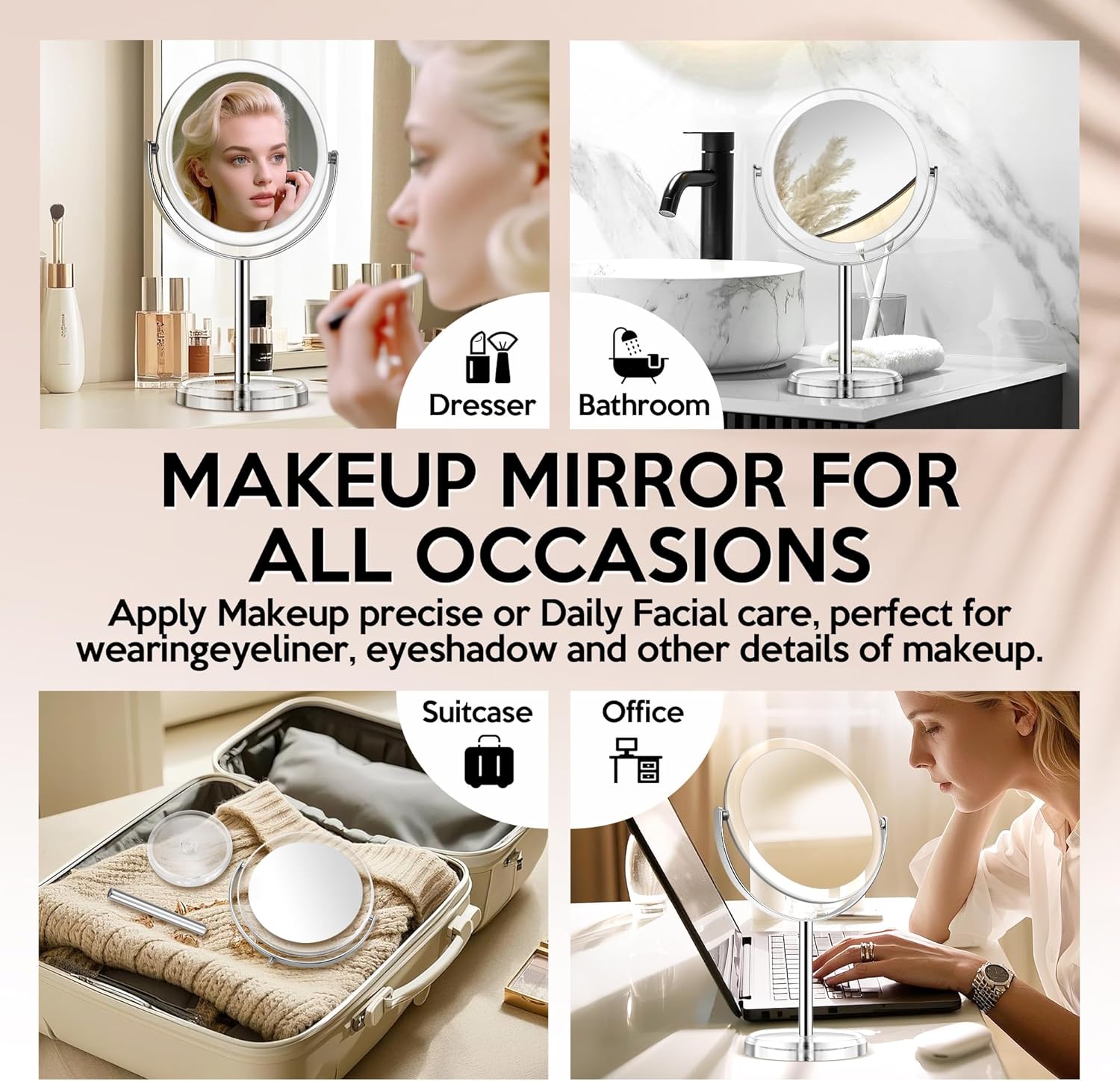 Miroir de maquillage double face, grossissement 30x/1x, sur pied, idéal chambre et salle de bain