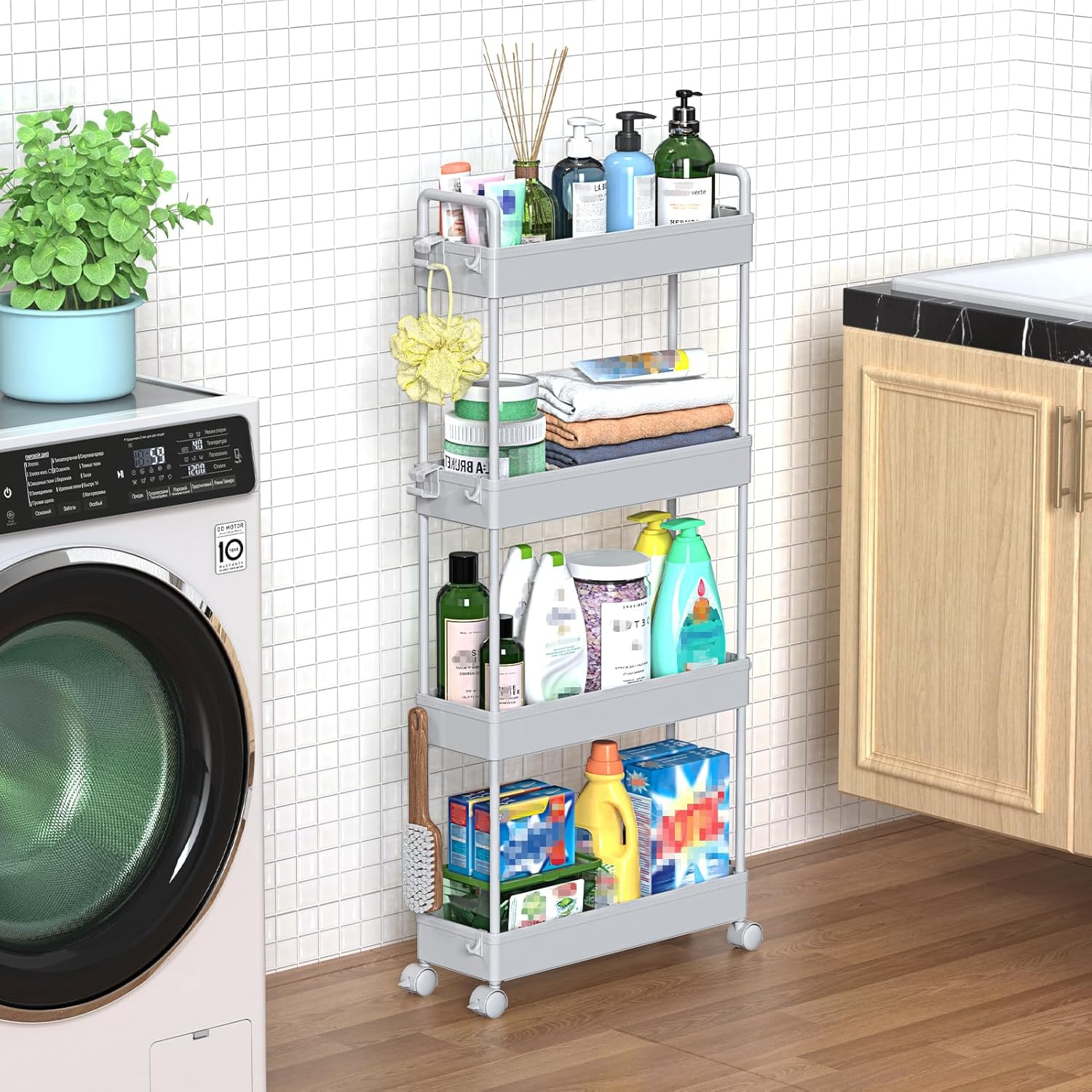 SOLEJAZZ – Chariot rangement 4 niveaux, plastique gris, mobile, cuisine/salle de bain/linge