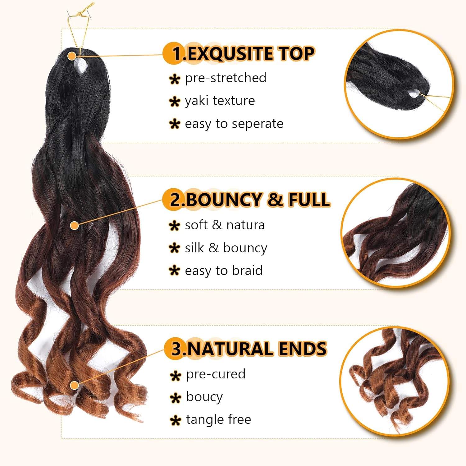 Mèches pour tresses africaines - French Curl - 16 pouces - 8 packs, cheveux ondulés bouncy, mélange 1B/33/30
