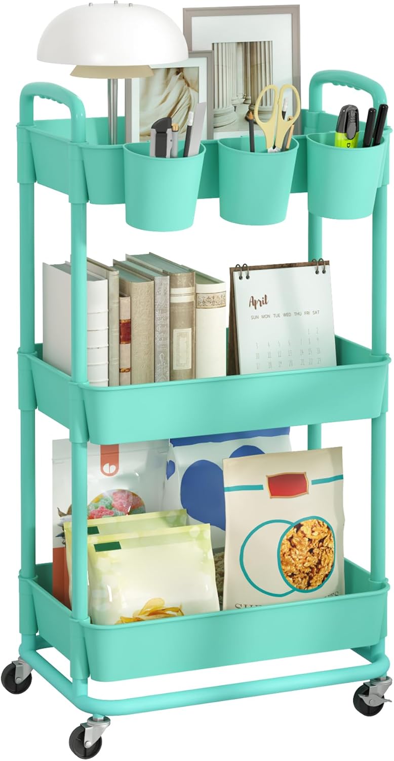 JIUYOTREE - chariot à roulettes 3 niveaux, vert, ventouses, roues verrouillables, compact